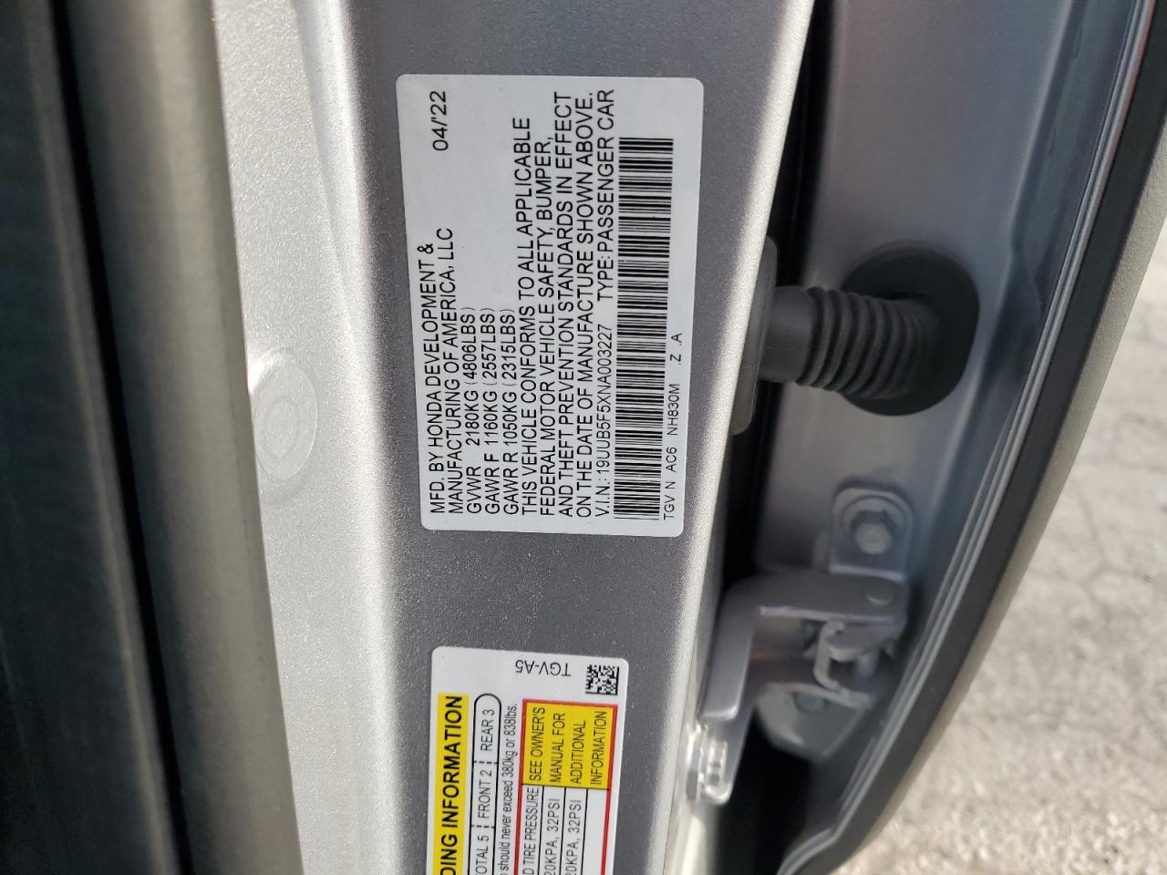 2022 ACURA TLX TECH A VIN:19UUB5F5XNA003227