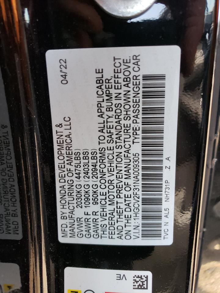 2022 HONDA ACCORD SPORT VIN:1HGCV2F31NA009305