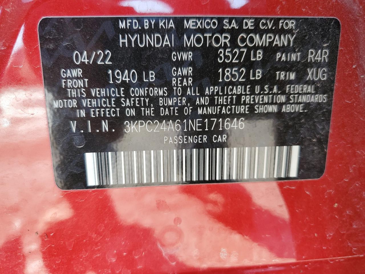 2022 HYUNDAI ACCENT SE VIN:3KPC24A61NE171646