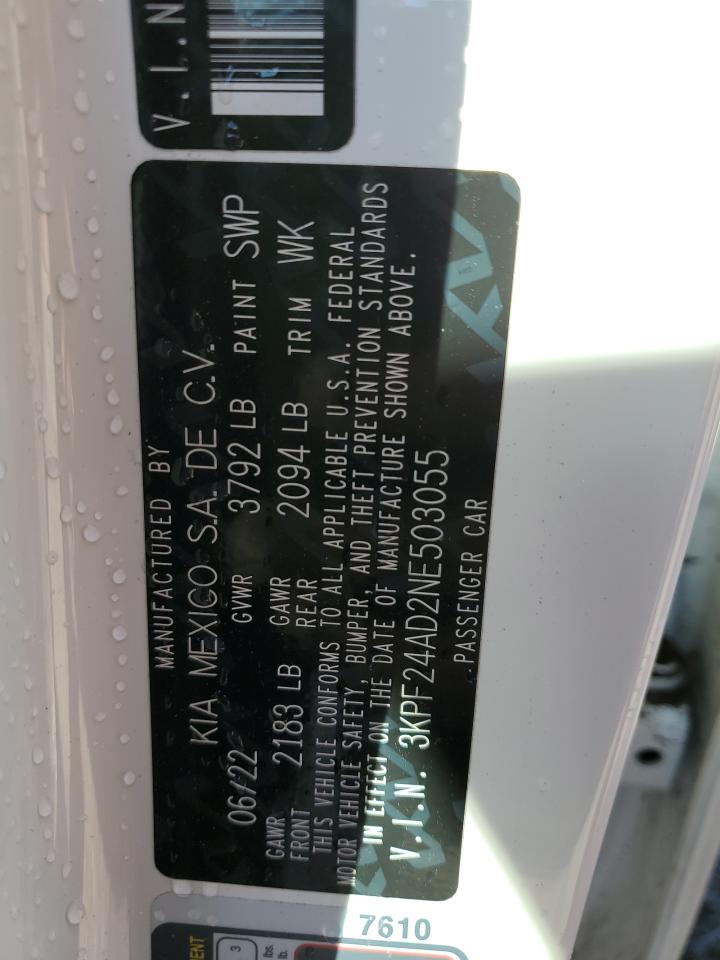 2022 KIA FORTE FE VIN:3KPF24AD2NE503055