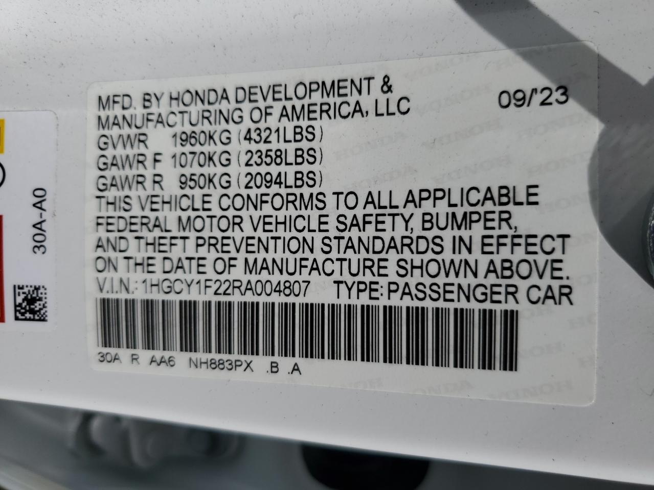 2024 HONDA ACCORD LX VIN:1HGCY1F22RA004807