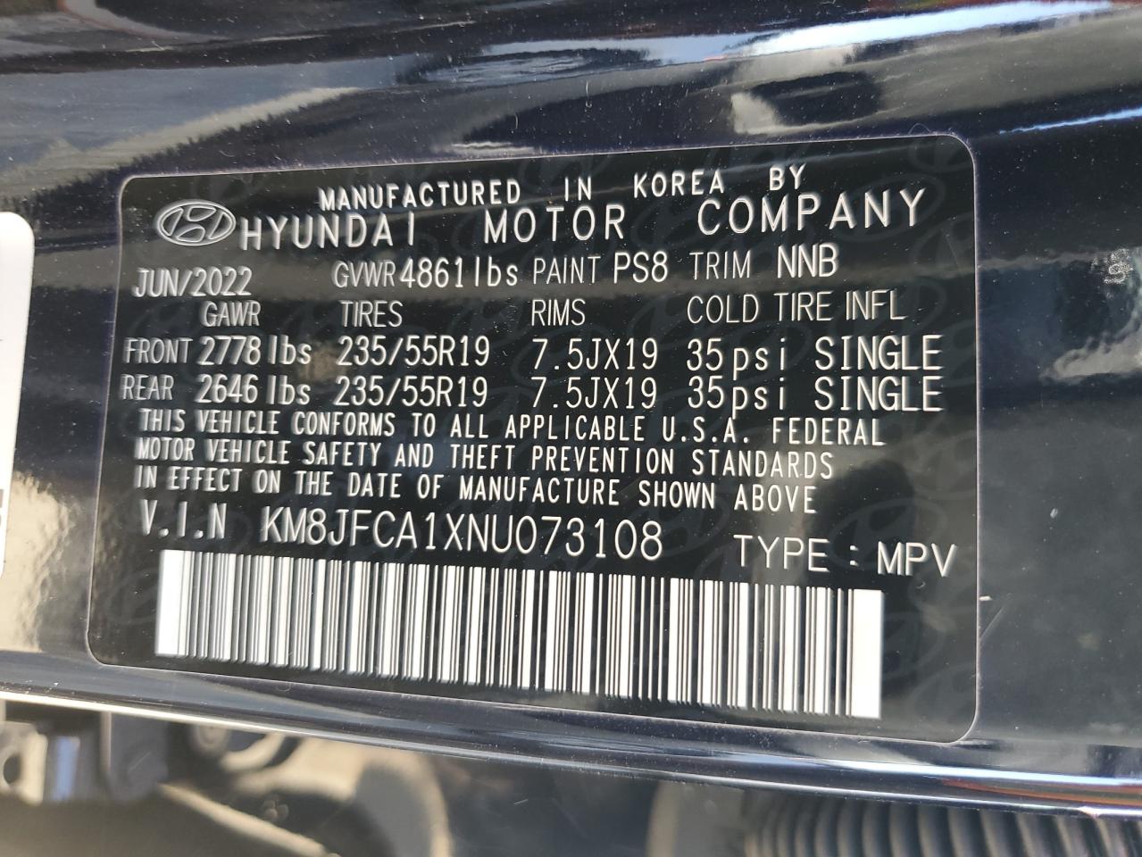 2022 HYUNDAI TUCSON SEL CONVENIENCE VIN:KM8JFCA1XNU073108