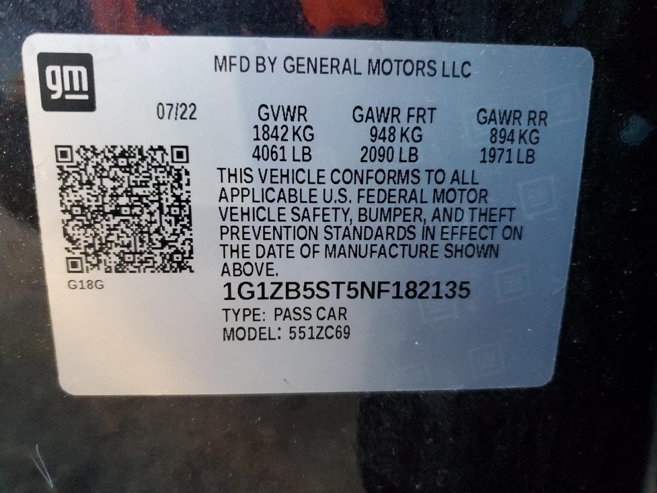 2022 CHEVROLET MALIBU LS VIN:1G1ZB5ST5NF182135