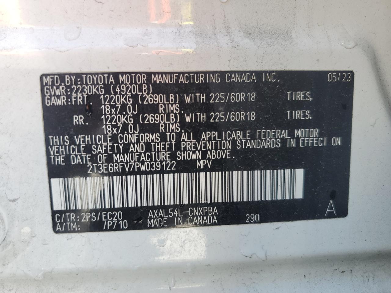 2023 TOYOTA RAV4 XSE VIN:2T3E6RFV7PW039122