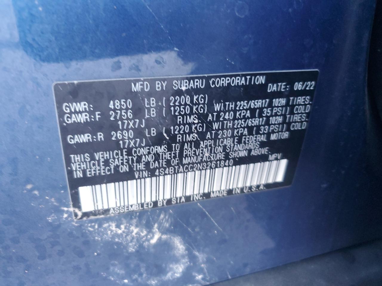 2022 SUBARU OUTBACK PREMIUM VIN:4S4BTACC2N3261840