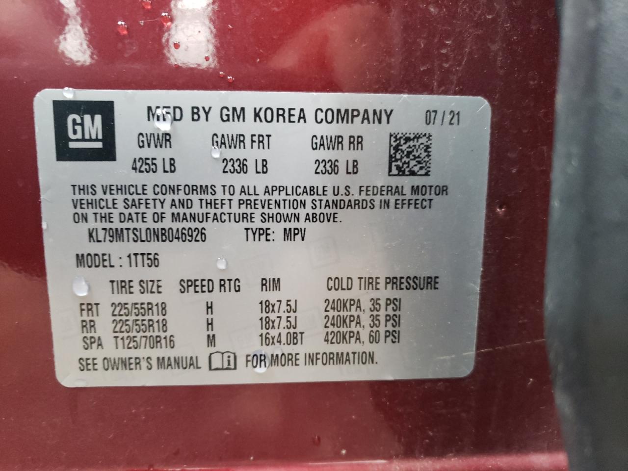 2022 CHEVROLET TRAILBLAZER RS VIN:KL79MTSL0NB046926