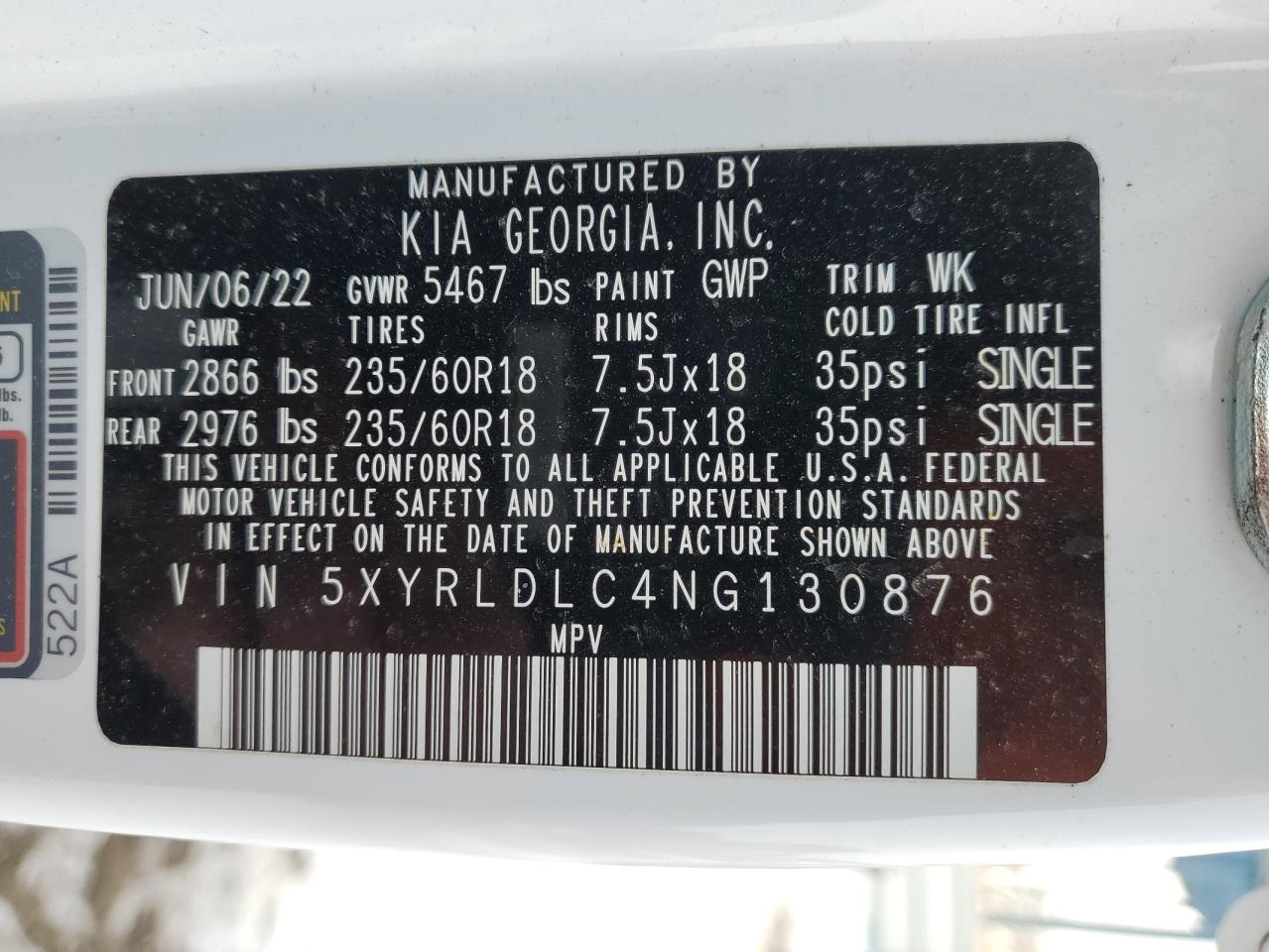2022 KIA SORENTO S VIN:5XYRLDLC4NG130876