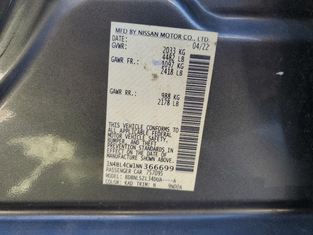 2022 NISSAN ALTIMA SR VIN:1N4BL4CW1NN366699