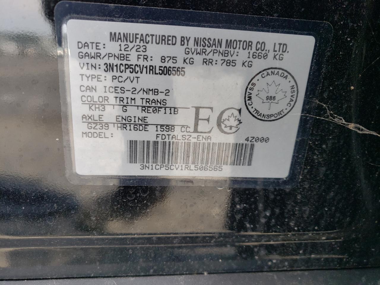 2024 NISSAN KICKS SV VIN:3N1CP5CV1RL506565