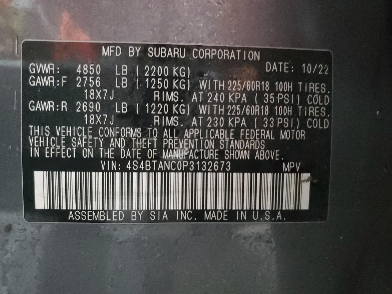 2023 SUBARU OUTBACK LIMITED VIN:4S4BTANC0P3132673