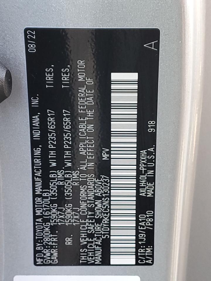 2022 TOYOTA SIENNA XLE VIN:5TDYRKEC5NS130237