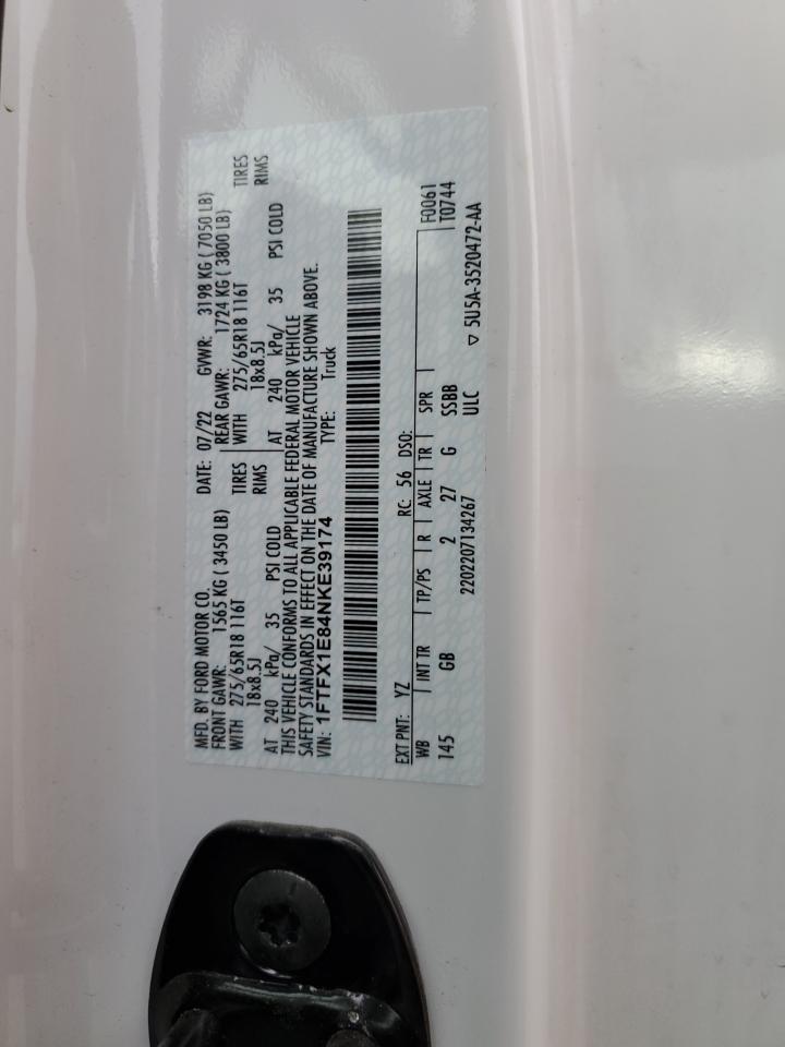 2022 FORD F150 SUPER CAB VIN:1FTFX1E84NKE39174