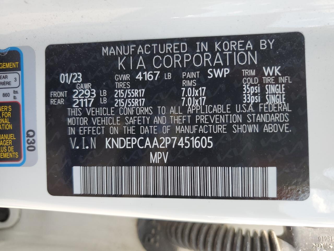 2023 KIA SELTOS LX VIN:KNDEPCAA2P7451605