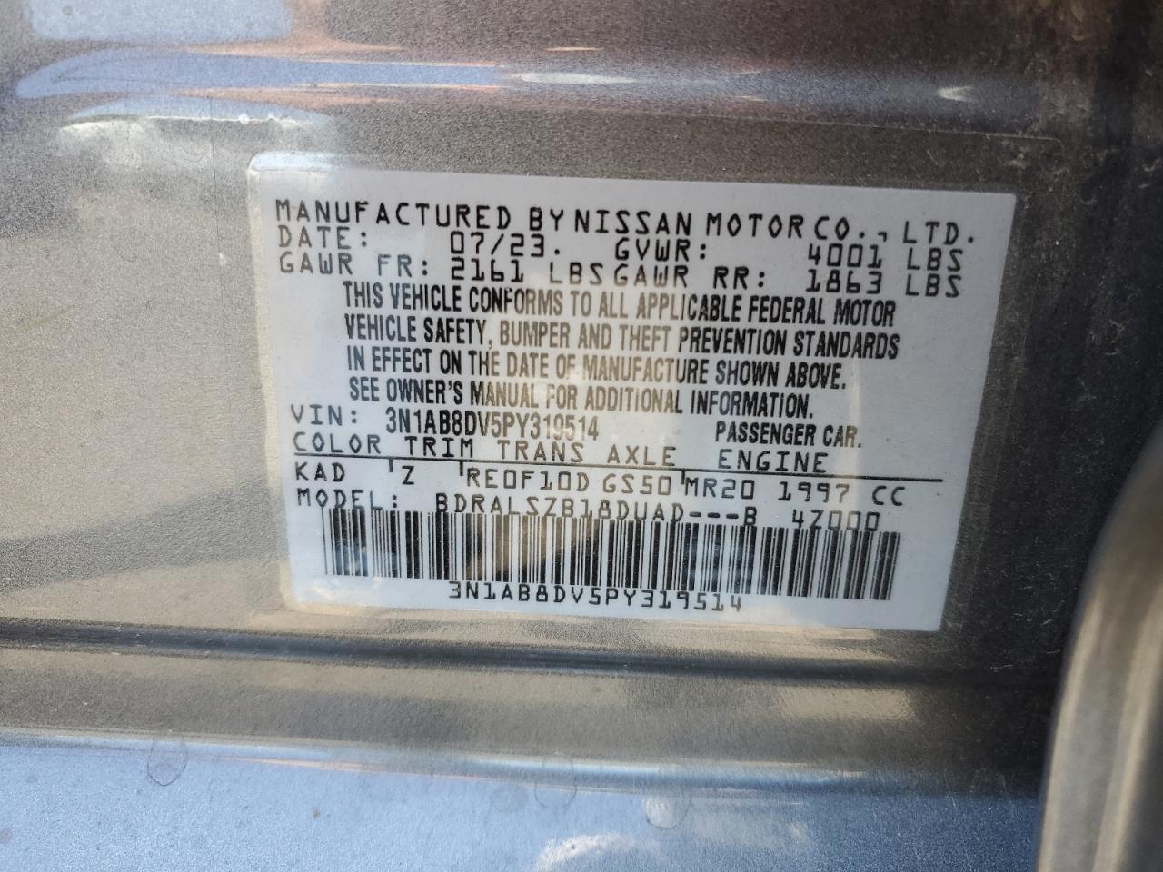 2023 NISSAN SENTRA SR VIN:WP0AA2A8XNS255297