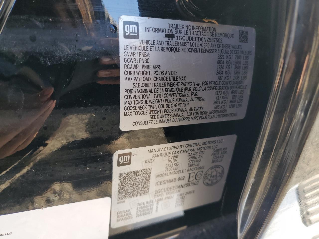 2022 CHEVROLET SILVERADO K1500 RST VIN:1GCUDEED6NZ587502