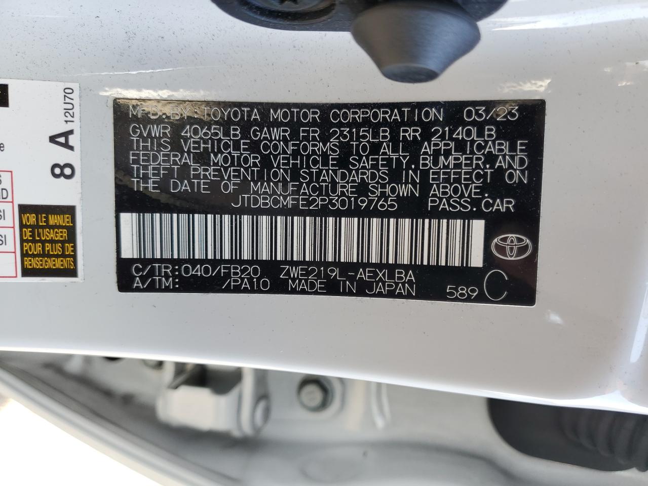 2023 TOYOTA COROLLA LE VIN:JTDBCMFE2P3019765