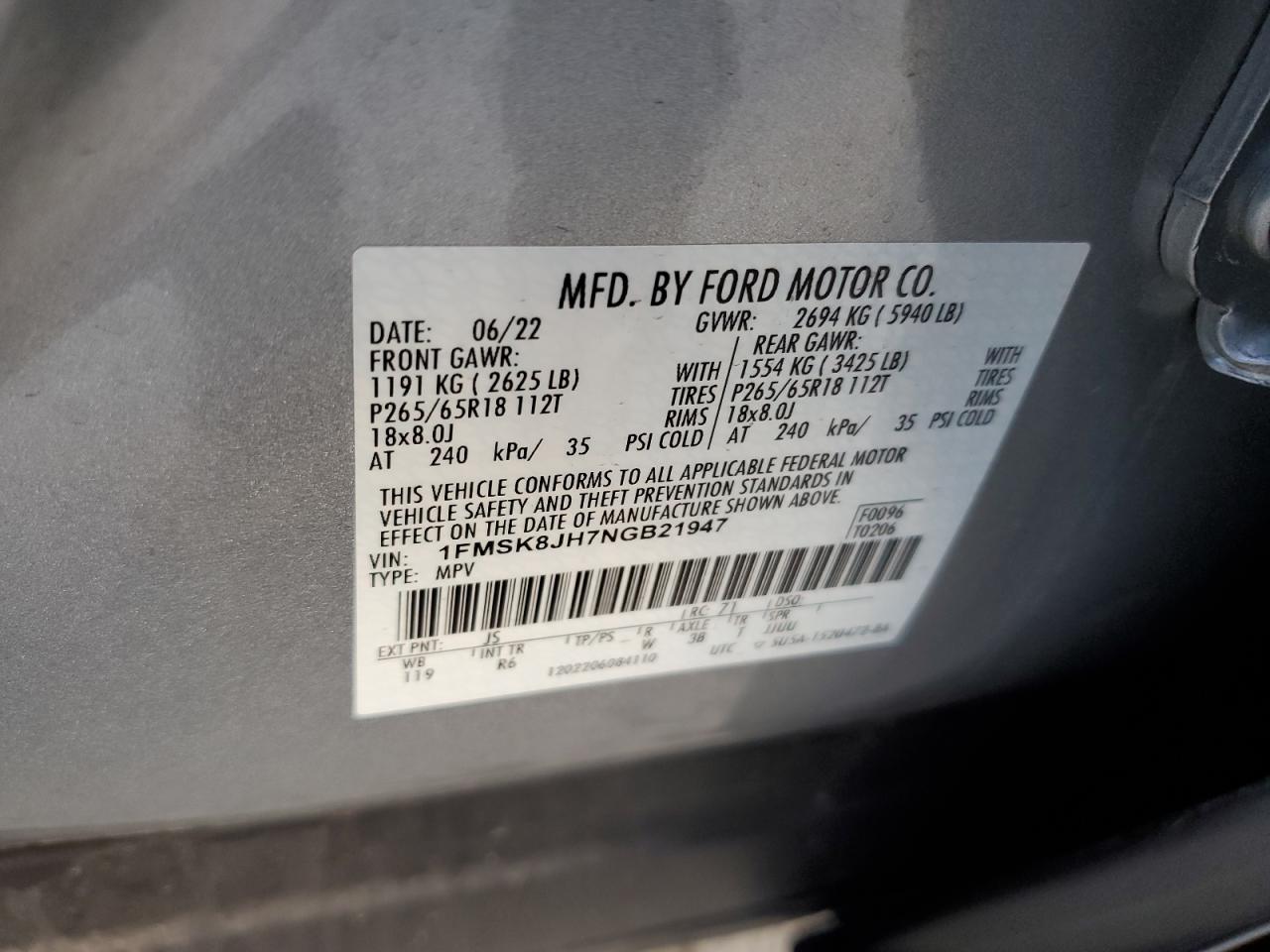 2022 FORD EXPLORER TIMBERLINE VIN:1FMSK8JH7NGB21947
