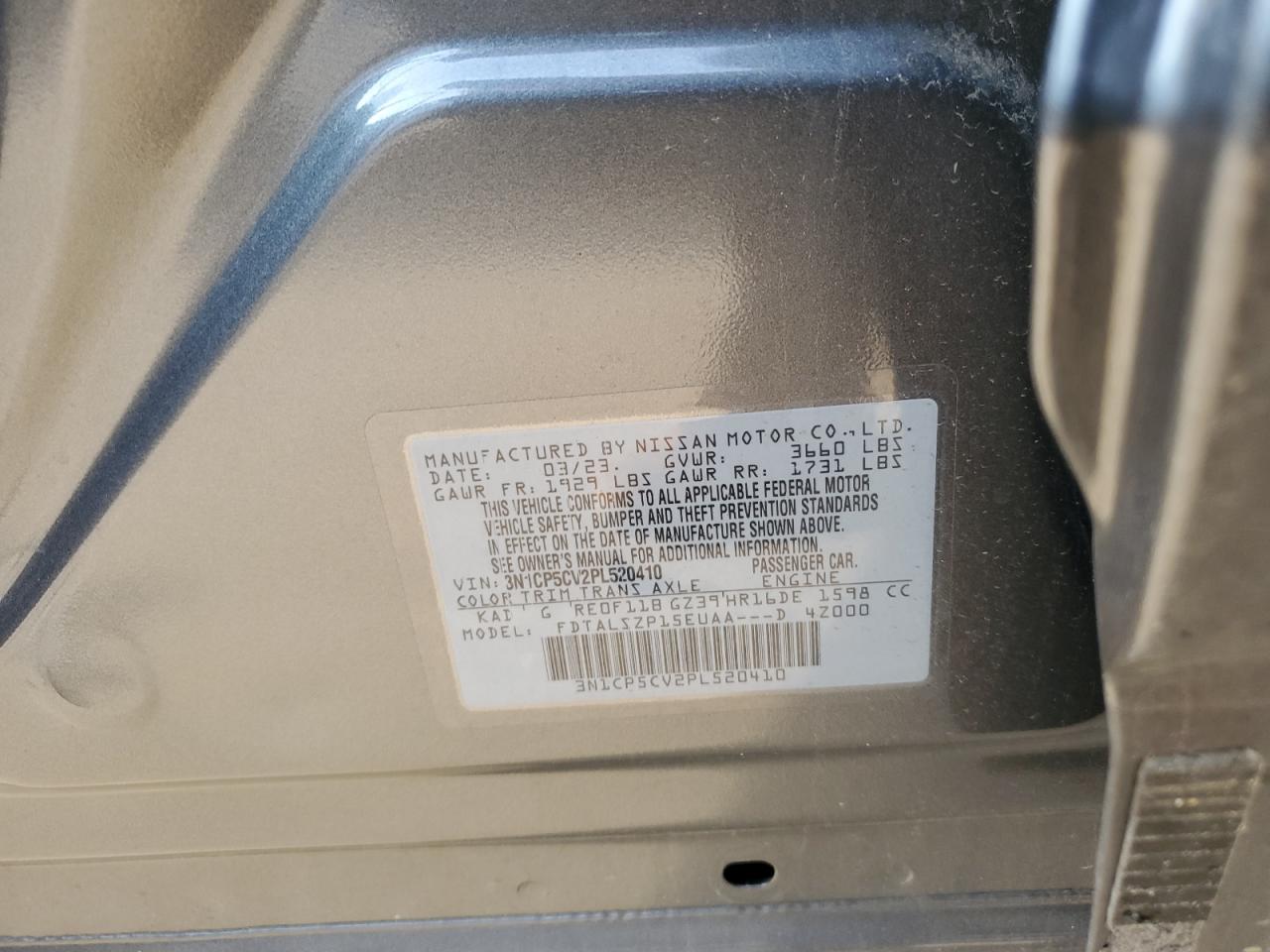 2023 NISSAN KICKS SV VIN:3N1CP5CV2PL520410