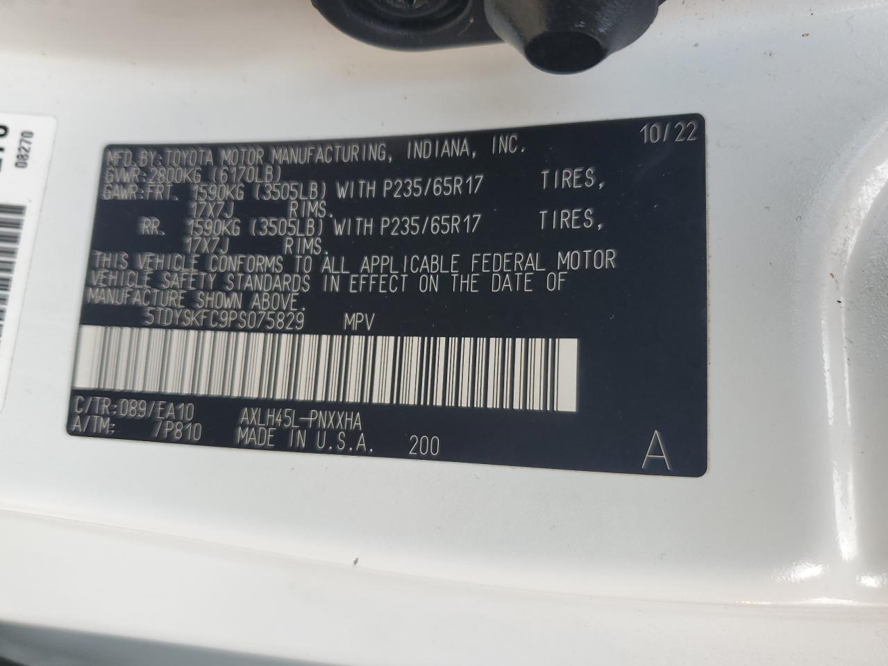 2023 TOYOTA SIENNA XLE VIN:5TDYSKFC9PS075829