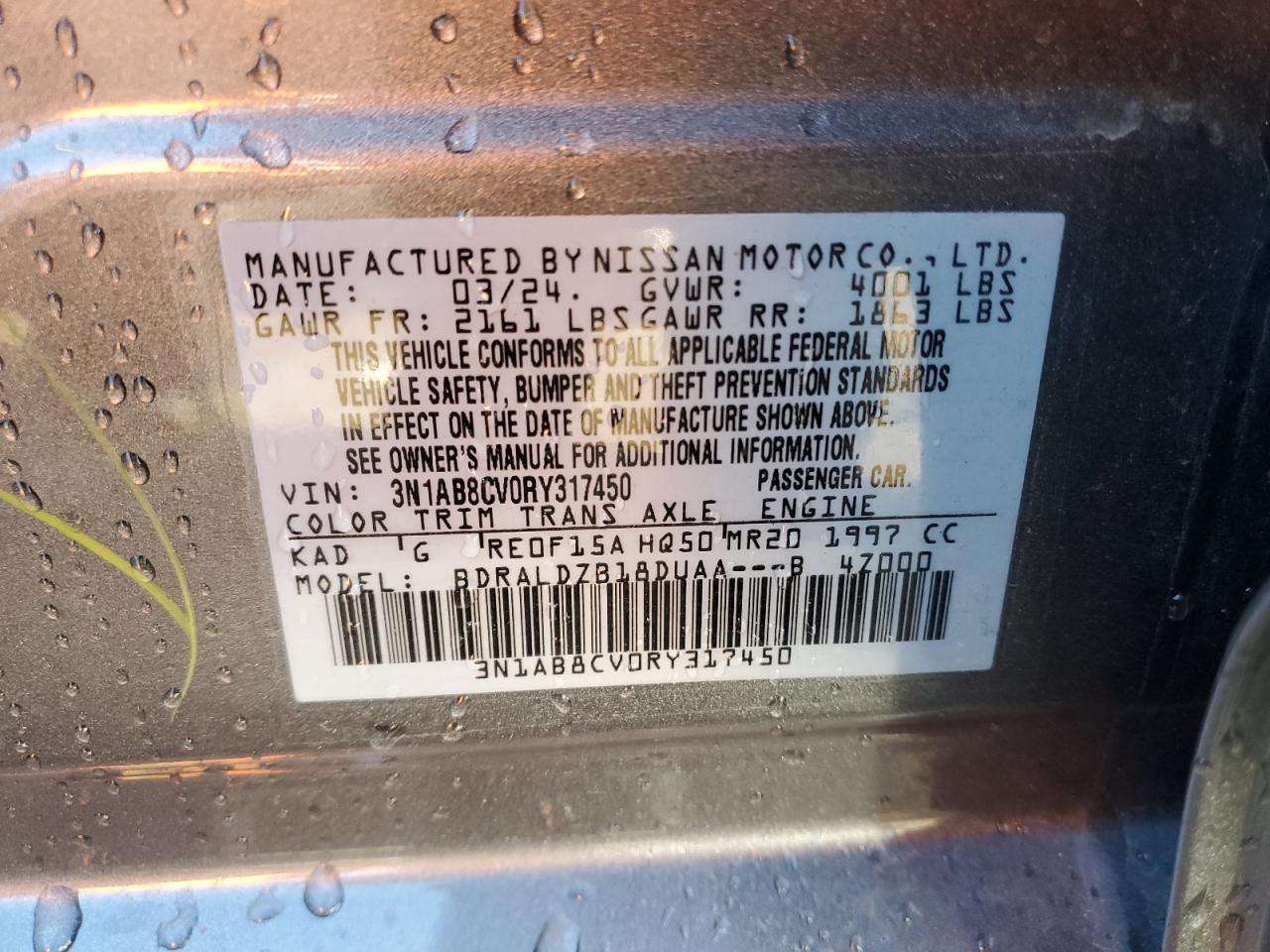 2024 NISSAN SENTRA SV VIN:3N1AB8CV0RY317450
