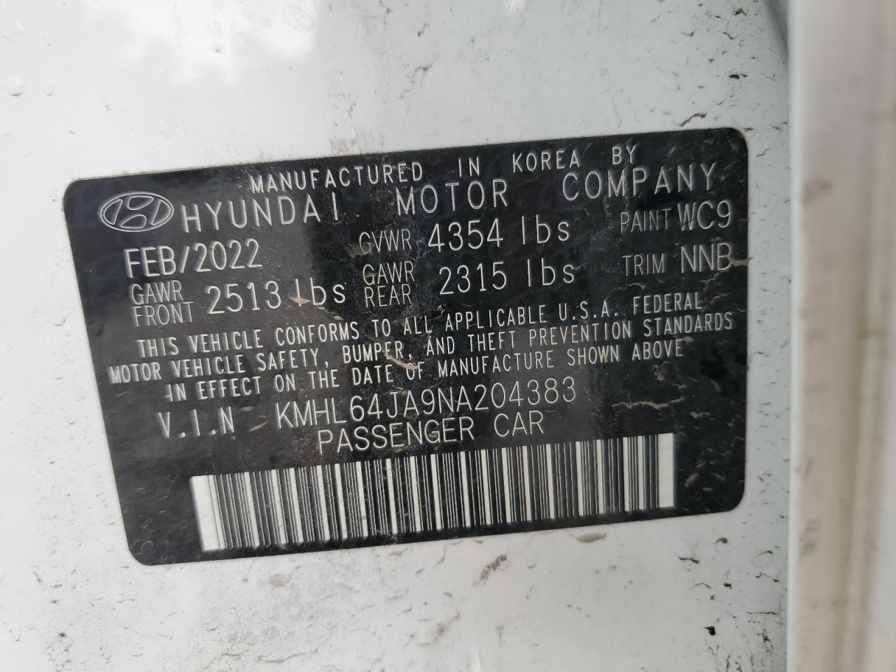 2022 HYUNDAI SONATA SEL VIN:KMHL64JA9NA204383