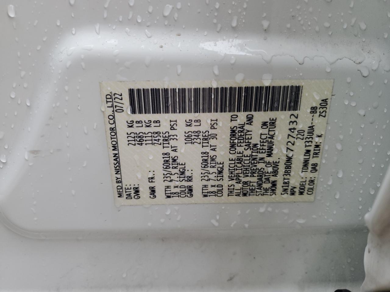 2022 NISSAN ROGUE SV VIN:5N1BT3BB0NC727432