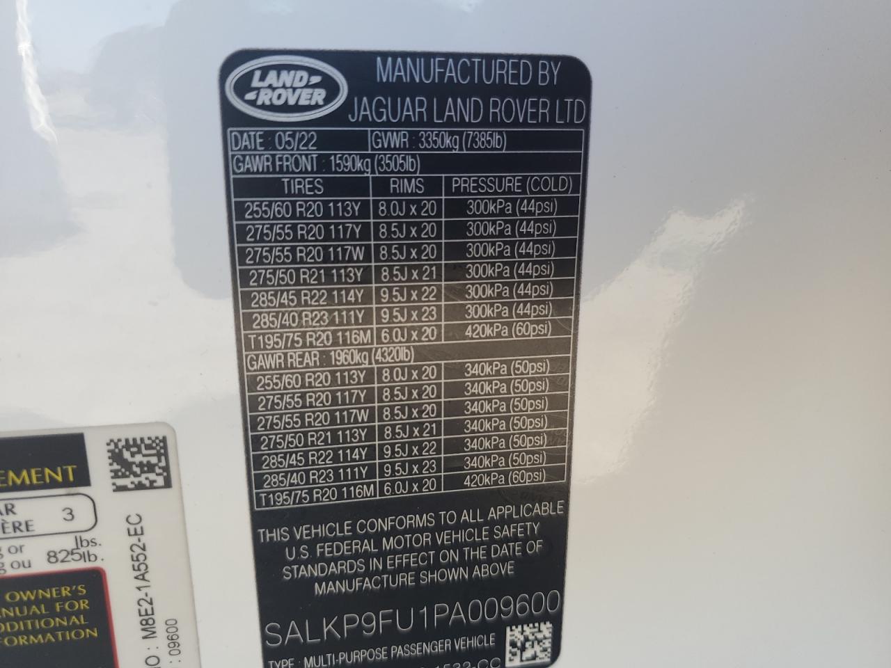 2023 LAND ROVER RANGE ROVER SE VIN:SALKP9FU1PA009600