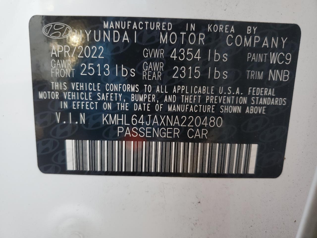 2022 HYUNDAI SONATA SEL VIN:KMHL64JAXNA220480