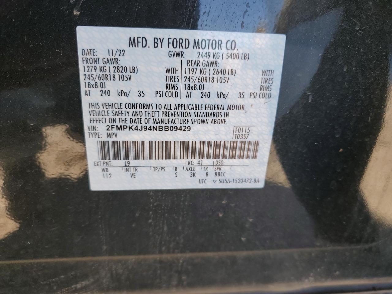 2022 FORD EDGE SEL VIN:2FMPK4J94NBB09429