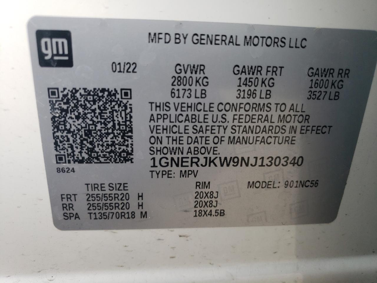 2022 CHEVROLET TRAVERSE RS VIN:1GNERJKW9NJ130340