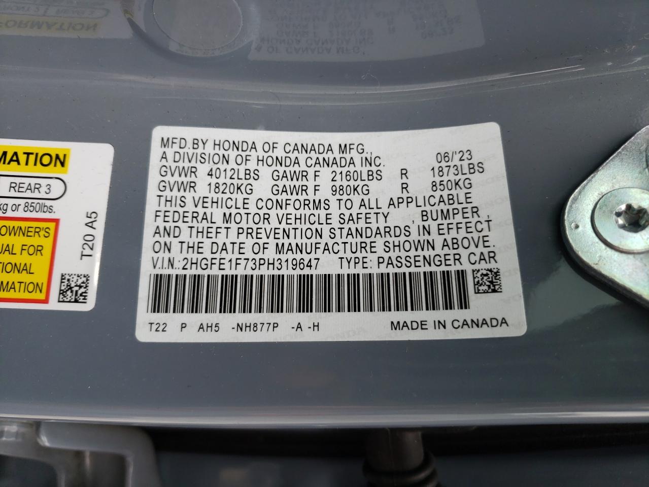 2023 HONDA CIVIC EX VIN:2HGFE1F73PH319647