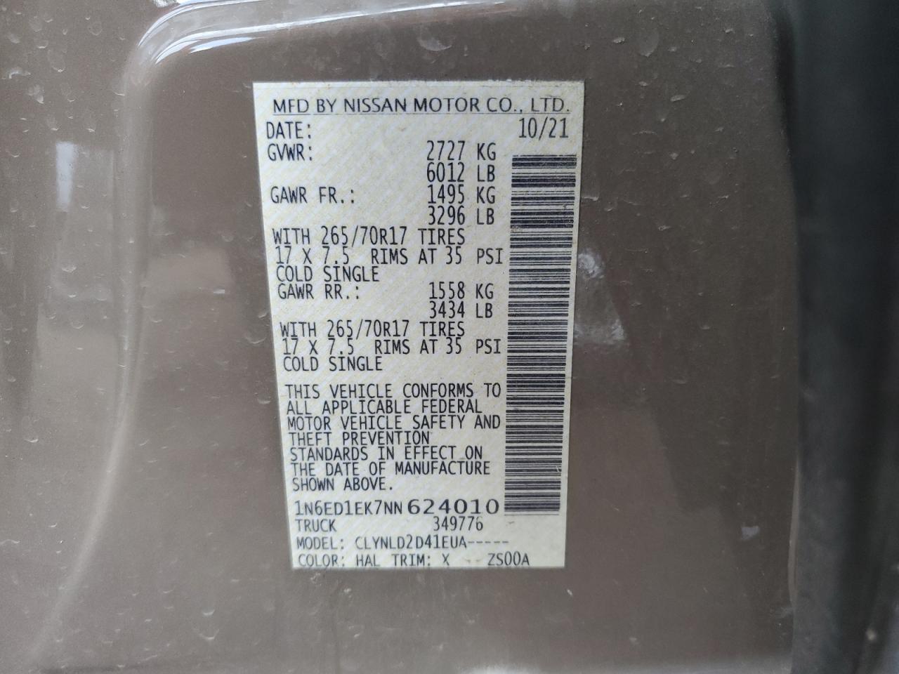 2022 NISSAN FRONTIER S VIN:1N6ED1EK7NN624010