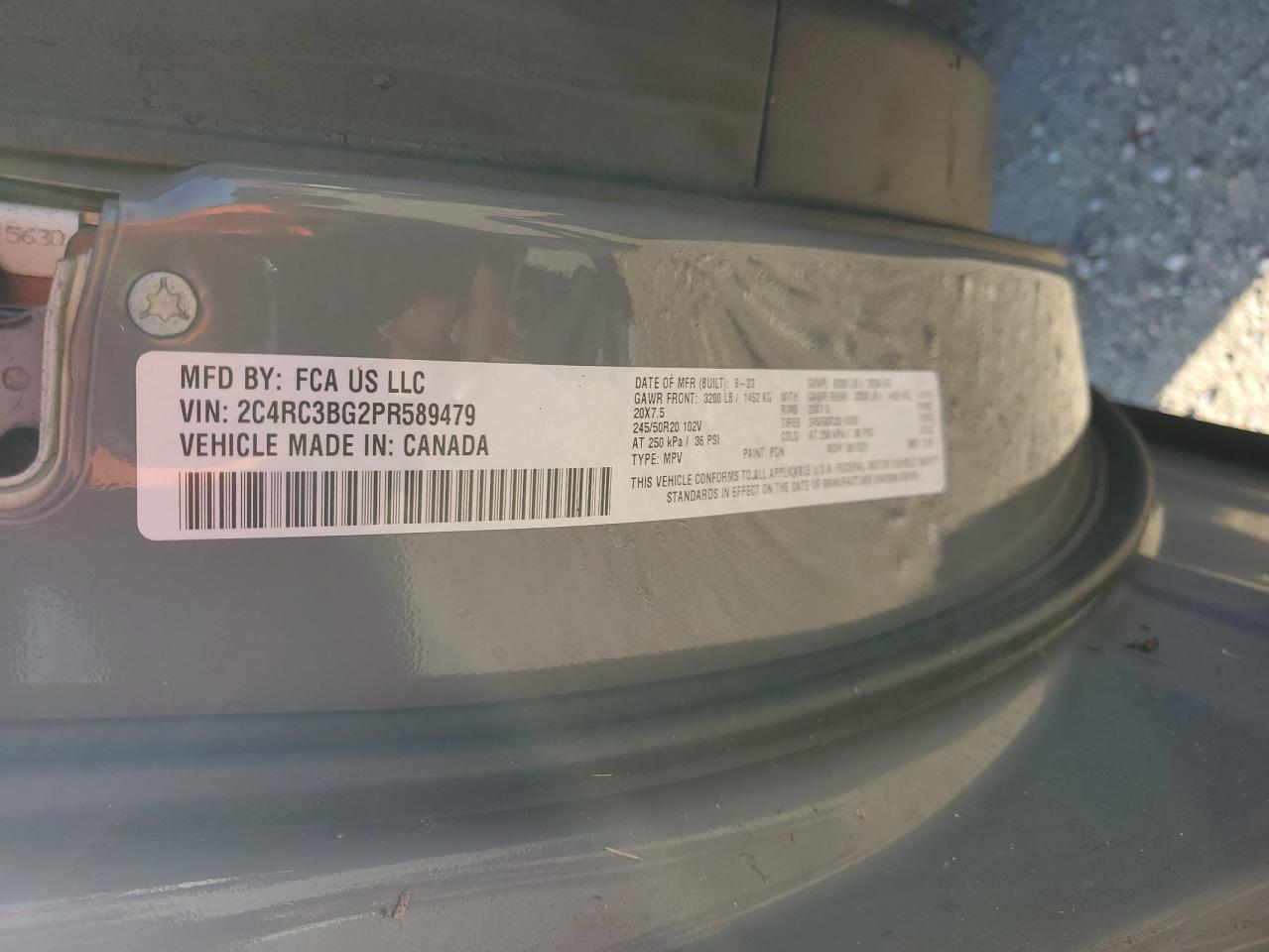 2023 CHRYSLER PACIFICA TOURING L VIN:2C4RC3BG2PR589479