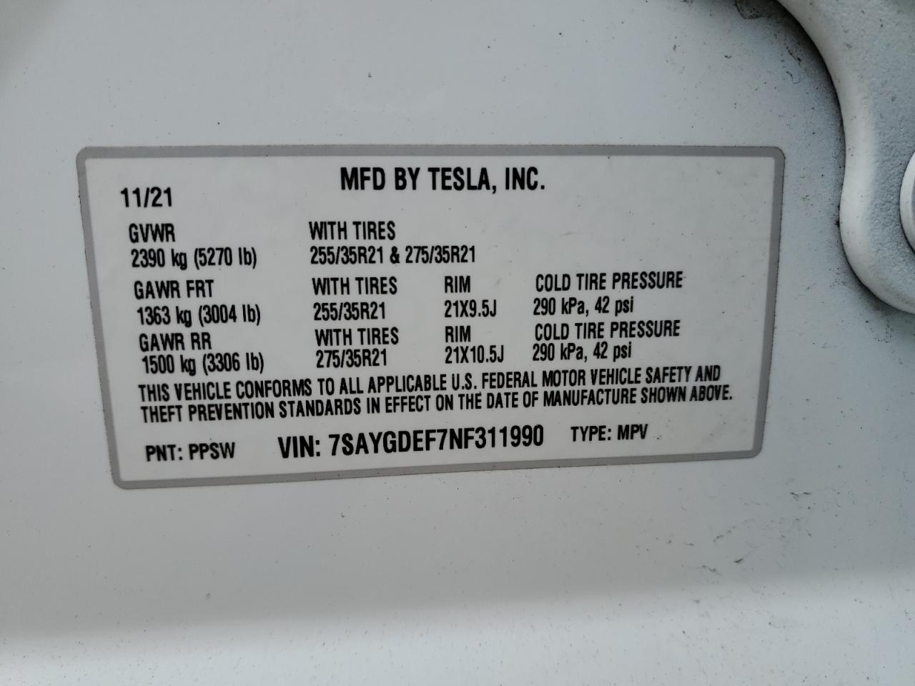 2022 TESLA MODEL Y  VIN:7SAYGDEF7NF311990