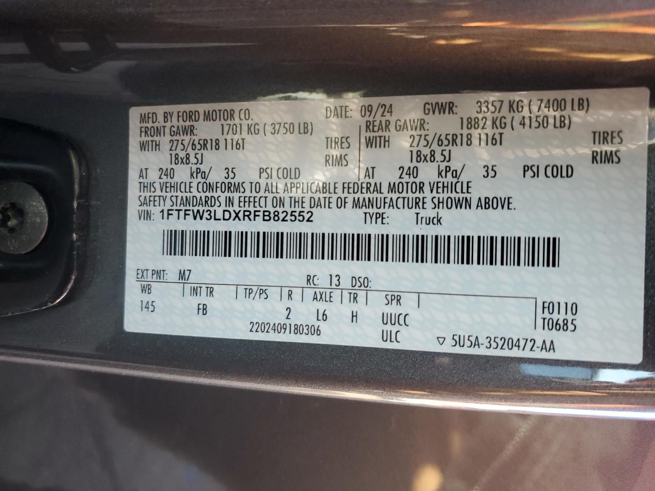2024 FORD F150 XLT VIN:1FTFW3LDXRFB82552