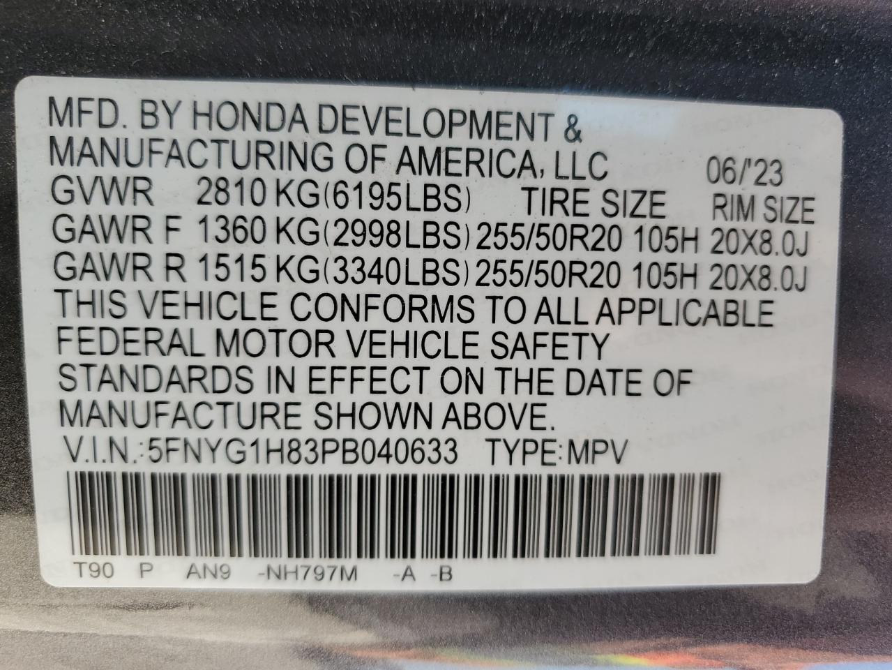 2023 HONDA PILOT ELITE VIN:5FNYG1H83PB040633