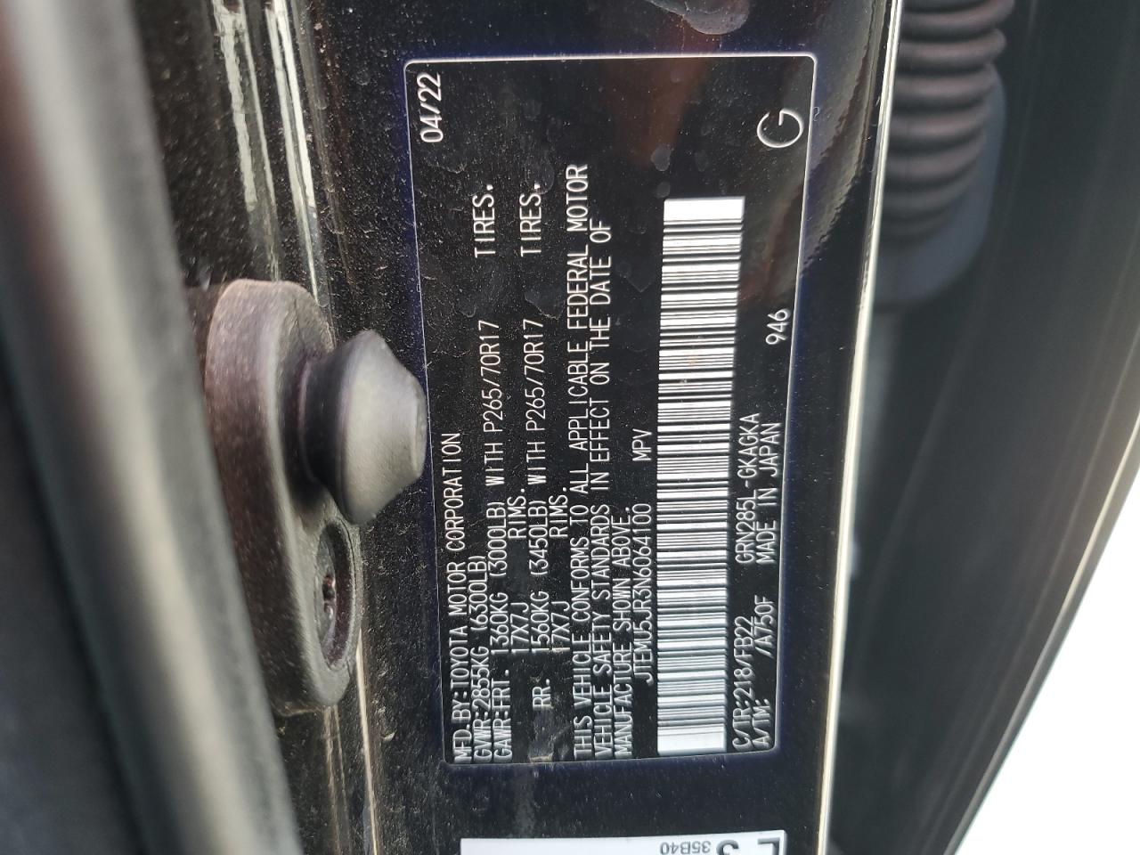 2022 TOYOTA 4RUNNER SR5/SR5 PREMIUM VIN:JTEMU5JR3N6064100