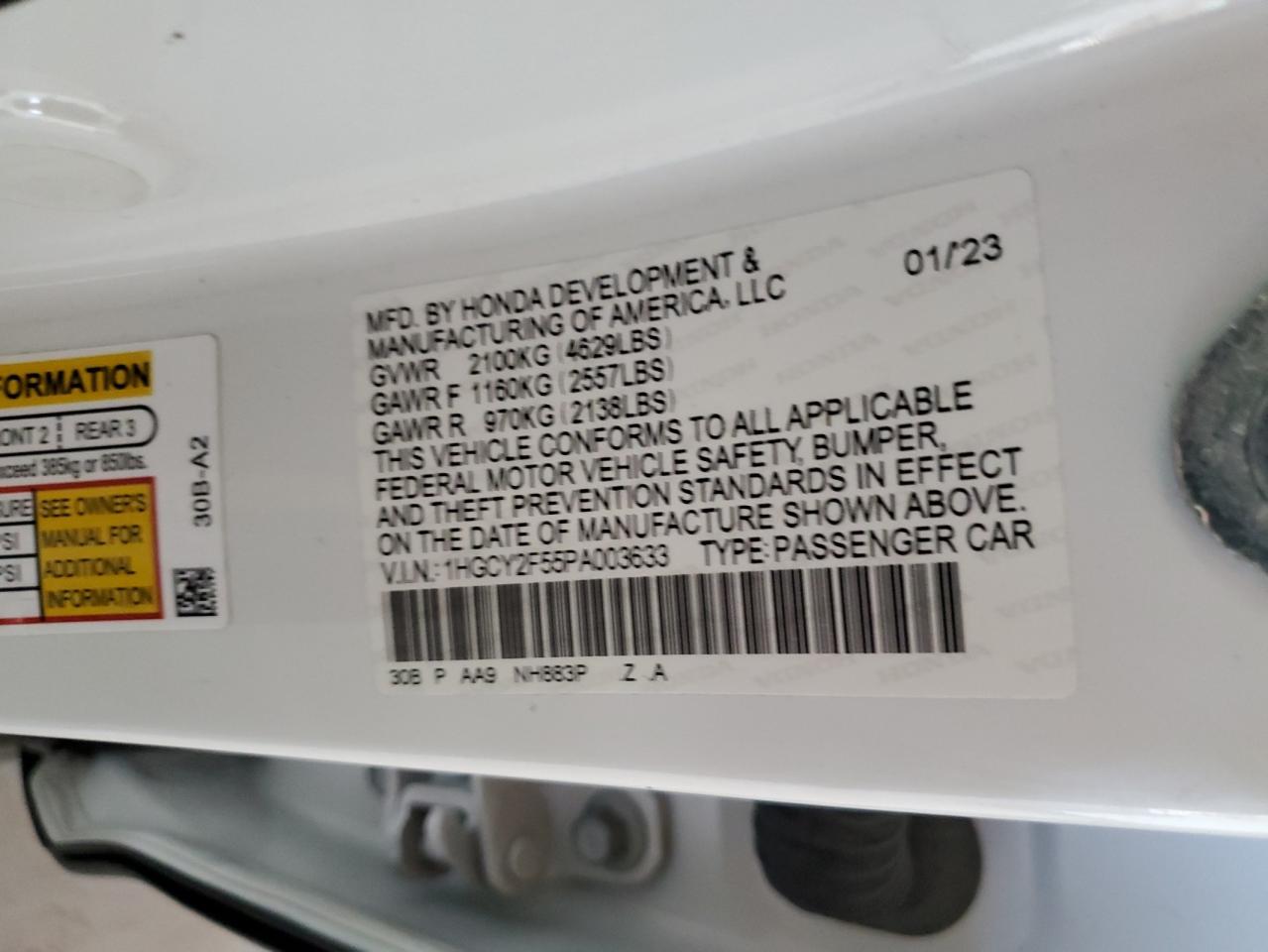 2023 HONDA ACCORD HYBRID SPORT VIN:1HGCY2F55PA003633