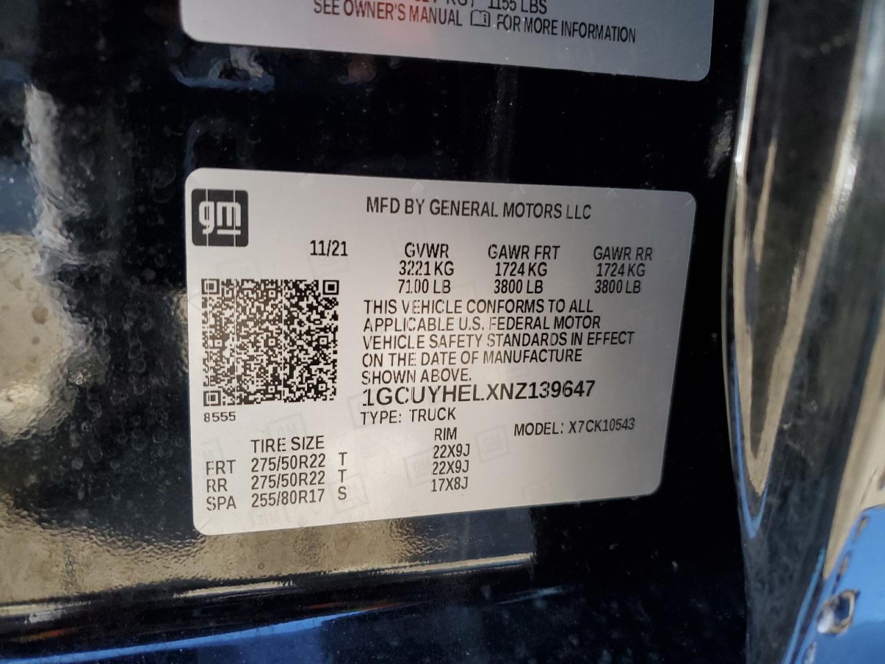 2022 CHEVROLET SILVERADO LTD K1500 HIGH COUNTRY VIN:1GCUYHELXNZ139647