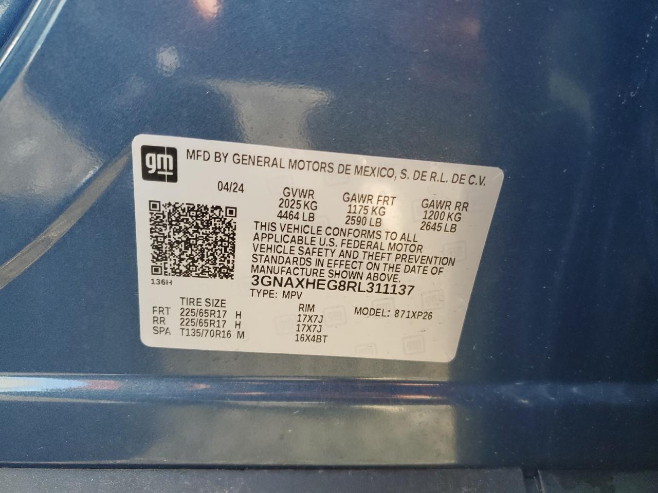 2024 CHEVROLET EQUINOX LS VIN:3GNAXHEG8RL311137