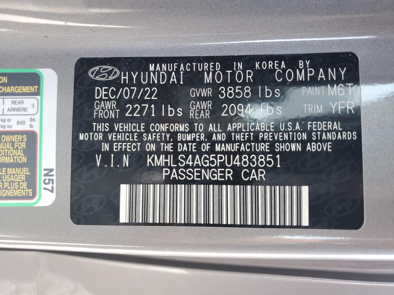 2023 HYUNDAI ELANTRA SEL VIN:KMHLS4AG5PU483851