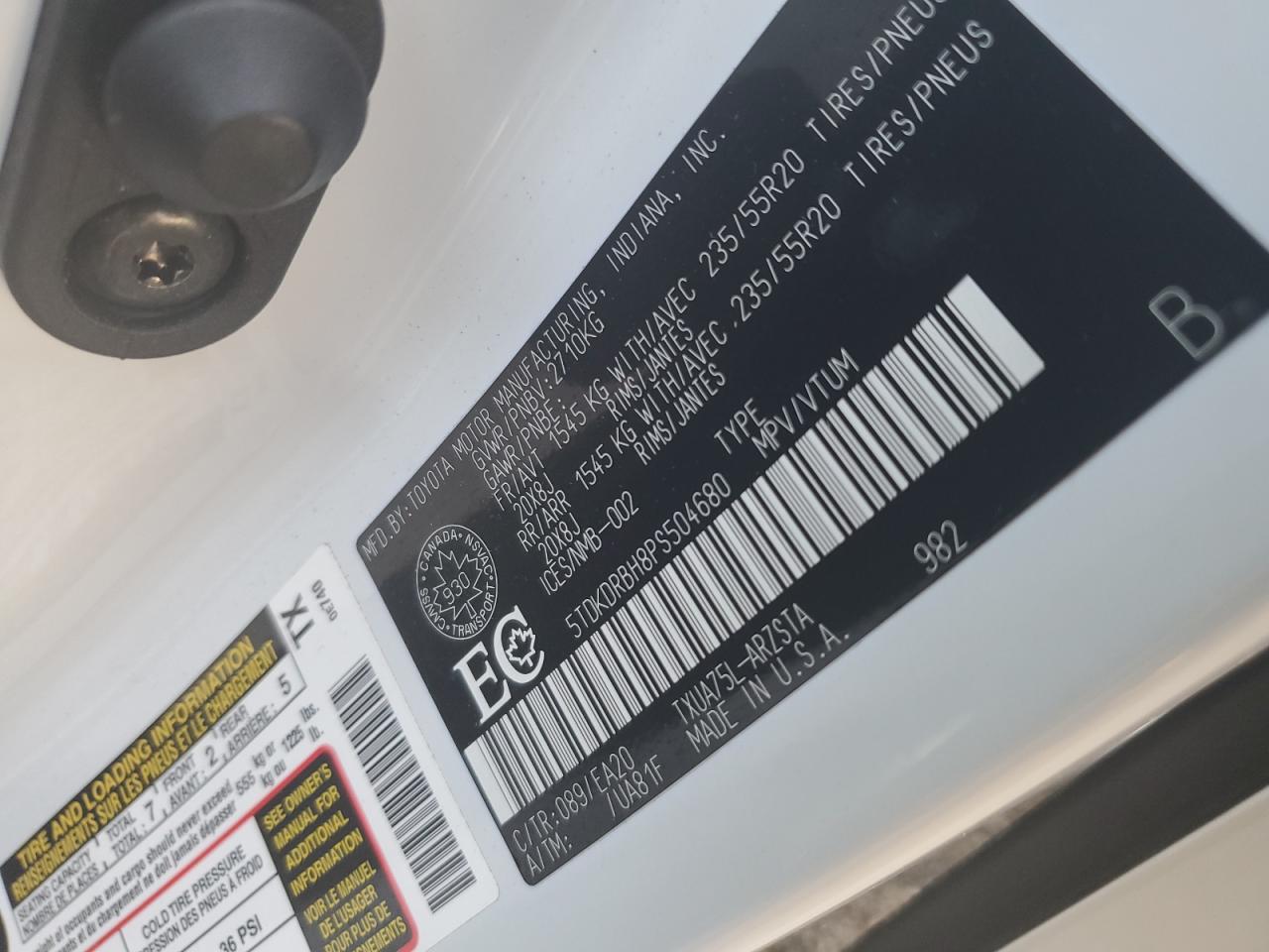 2023 TOYOTA HIGHLANDER L VIN:5TDKDRBH8PS504680