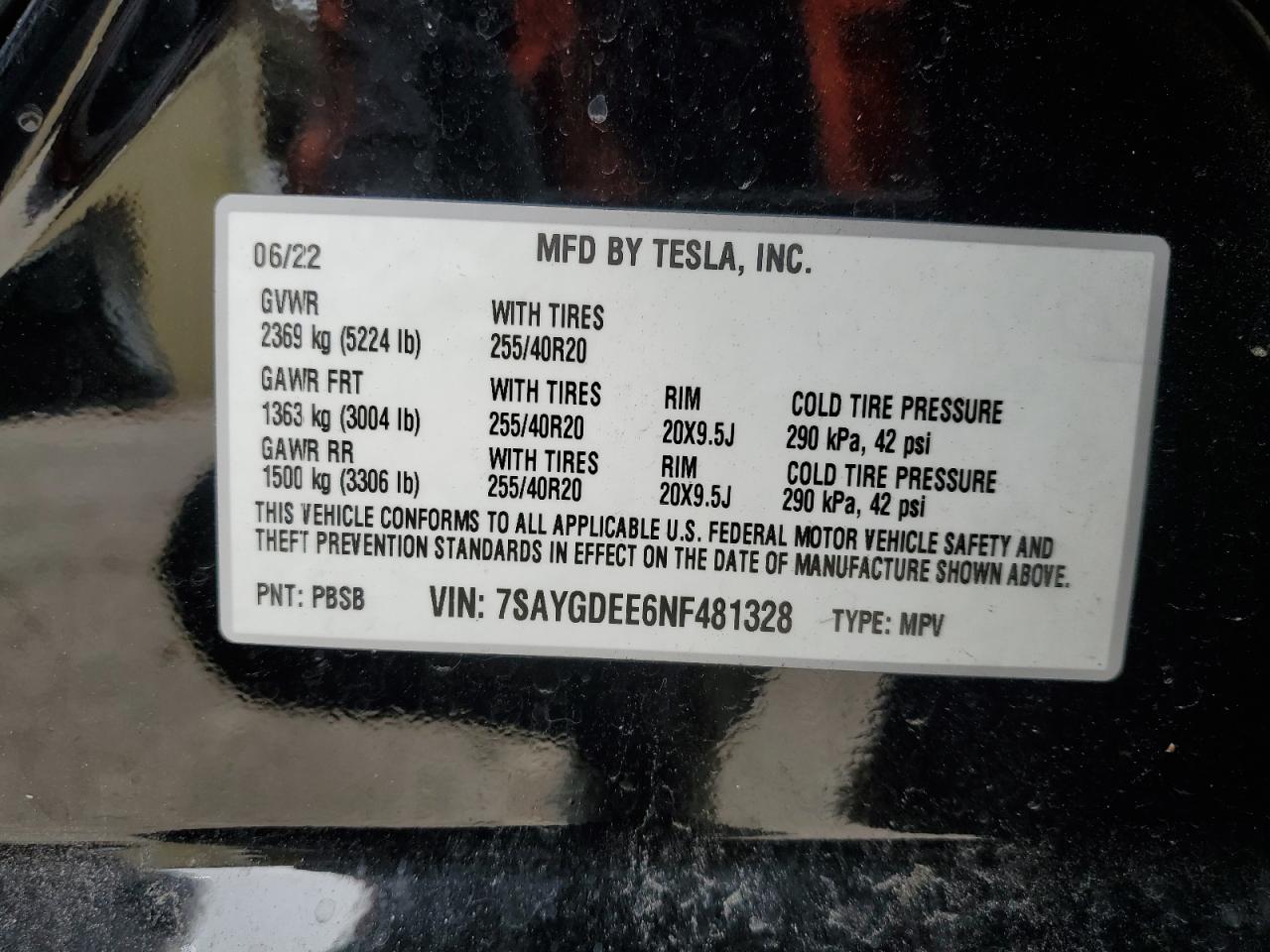 2022 TESLA MODEL Y  VIN:7SAYGDEE6NF481328