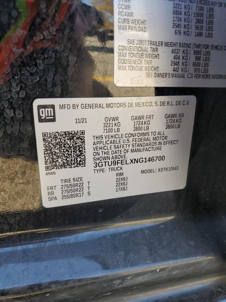 2022 GMC SIERRA LIMITED K1500 DENALI VIN:3GTU9FELXNG146700