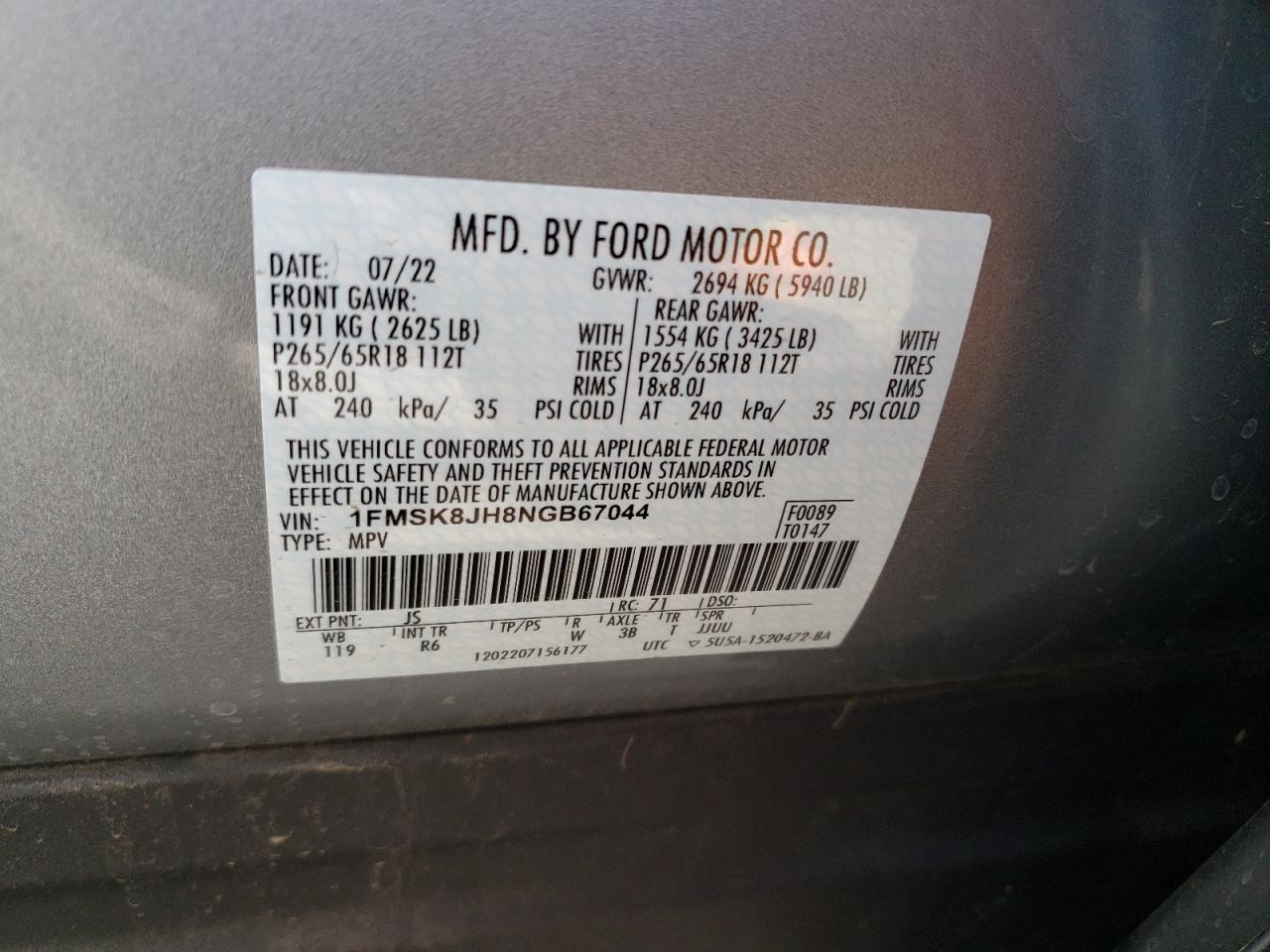 2022 FORD EXPLORER TIMBERLINE VIN:1FMSK8JH8NGB67044