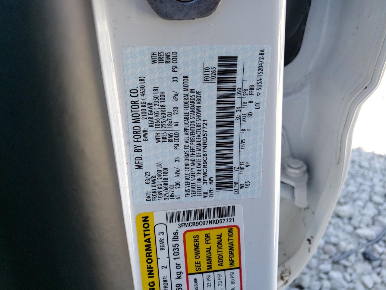 2022 FORD BRONCO SPORT OUTER BANKS VIN:3FMCR9C67NRD57721