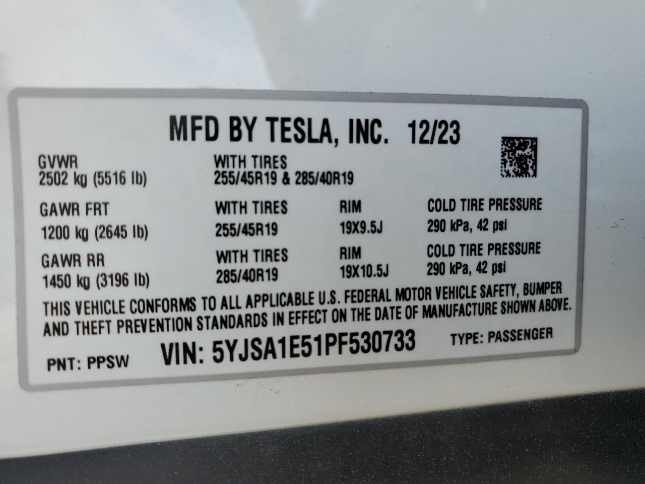 2023 TESLA MODEL S  VIN:5YJSA1E51PF530733