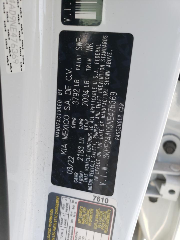 2022 KIA FORTE FE VIN:3KPF24AD9NE476369