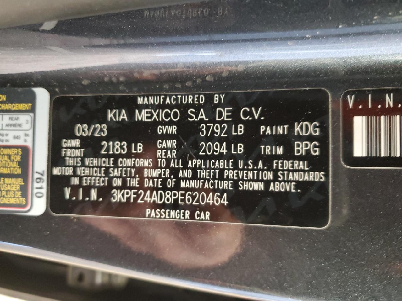 2023 KIA FORTE LX VIN:3KPF24AD8PE620464