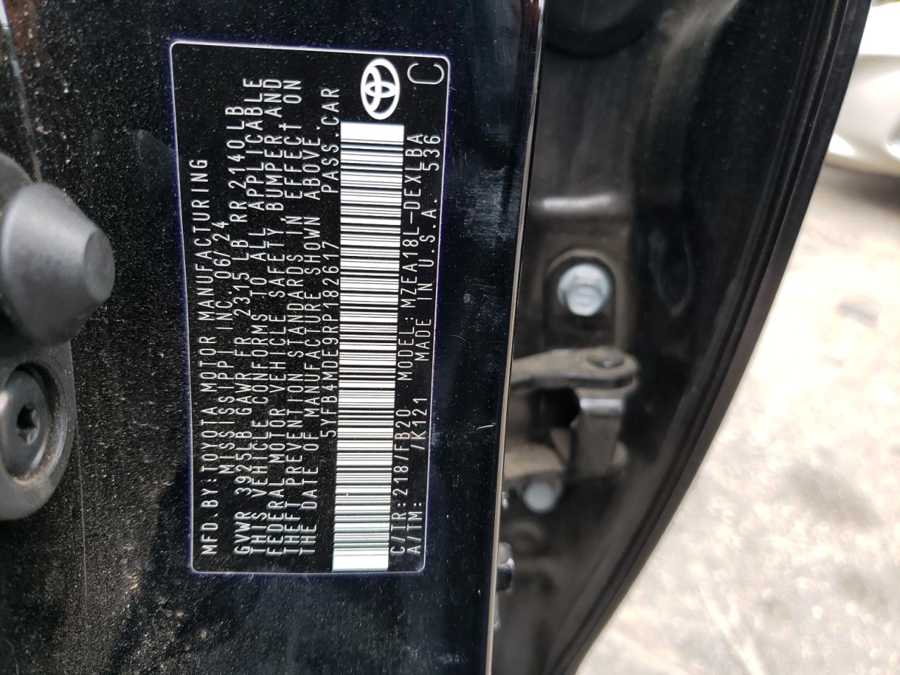 2024 TOYOTA COROLLA LE VIN:5YFB4MDE9RP182617